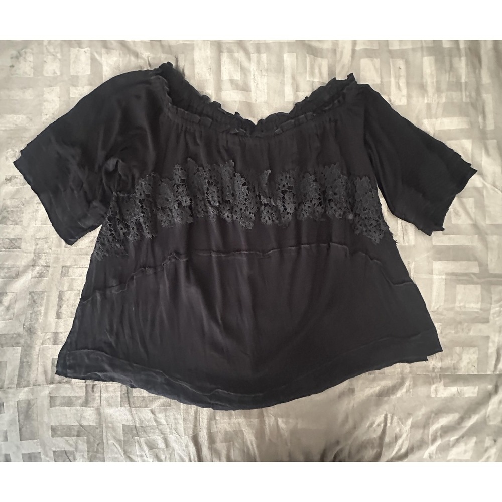SHEIN Curve Blouse Womens 4XL Black Off Shoulder‎ Lace Boho Peasant Top Ruffle